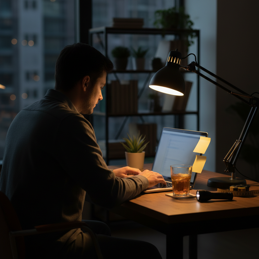 Early-morning home office desk with a notebook, pen, and steaming coffee mug in warm lamplight.”