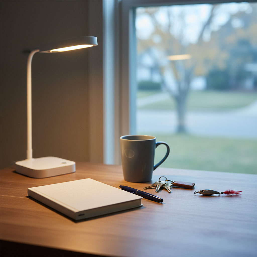 “Photorealistic, calm middle-class home office desk near a window at dawn; warm desk lamp glow mixing with cool window light. On the desk: a closed blank notebook, pen, simple ceramic mug, small key ring, and one subtle outdoors item (small fishing lure or pocketknife) placed neatly. Neutral colors, lived-in but tidy, not staged. No people, no text, no logos, no screens. 1:1 square crop, centered composition, soft depth of