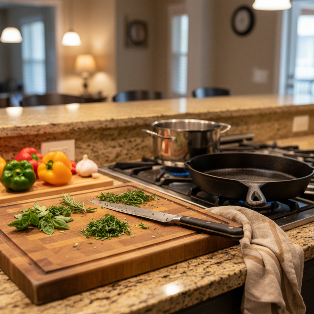 Photorealistic home kitchen counter during meal prep; a wooden cutting board, chef’s knife, fresh herbs, a cast iron skillet or stainless pan, and a dish towel. Warm indoor light, cozy and real, slightly messy in a lived-in way but clean. No people, no text, no logos. 1:1 square crop, centered composition, soft depth of field.”