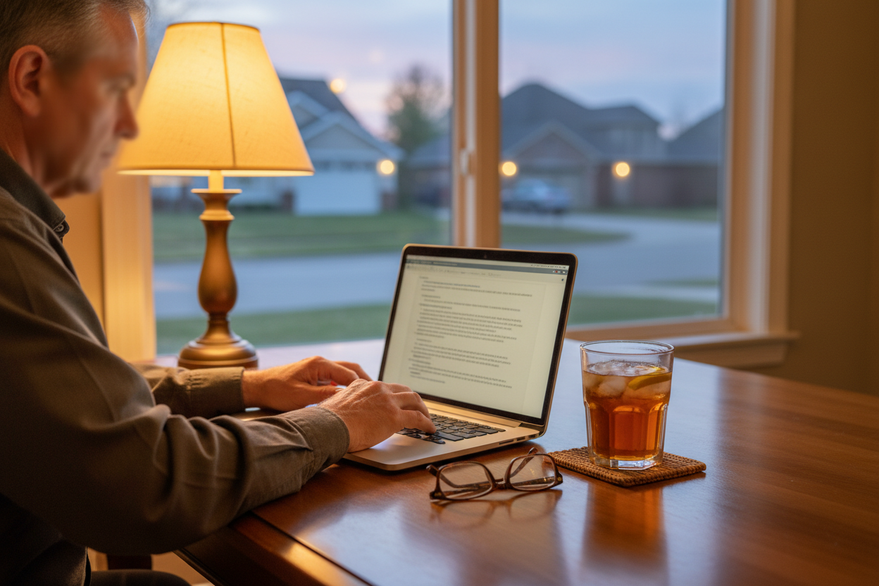 Photorealistic panoramic hero banner, 1248x240. A man in his 50s typing his personal chronicles on a laptop at a wooden desk, warm evening lamplight. Face intentionally blurred/soft focus for anonymity (not horror/creepy, just natural depth-of-field blur), hands and laptop in sharp focus. Reading glasses on the desk and a condensation glass of sweet tea with lemon on a coaster. Background softly shows a quiet American suburban street at dusk through a window. Subject placed on the left third with clean cent