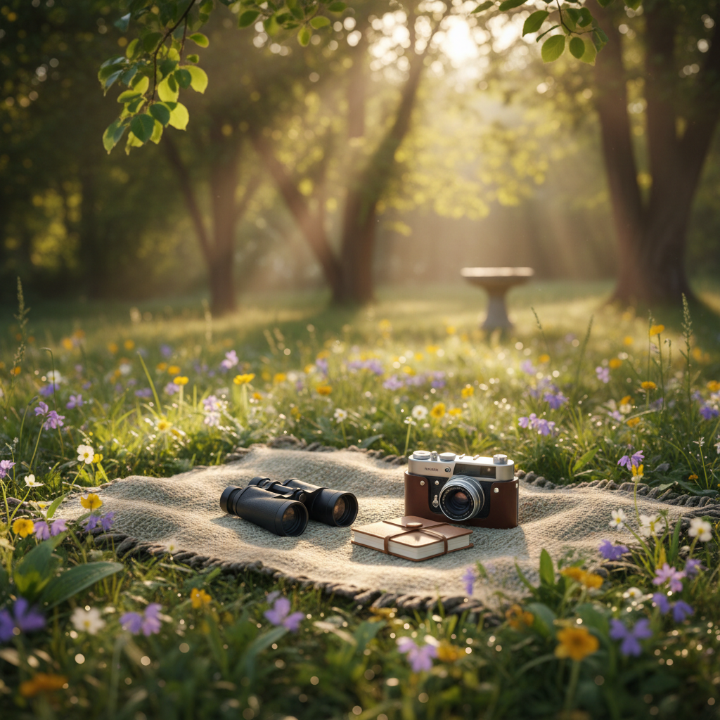 Photorealistic quiet backyard or park moment in morning light; a small notebook and binoculars or a compact camera resting on a blanket, with subtle wildflowers and greenery nearby. Soft golden light, calm and observant mood. No people, no text, no logos, no screens. 1:1 square crop, centered composition, soft depth of field.