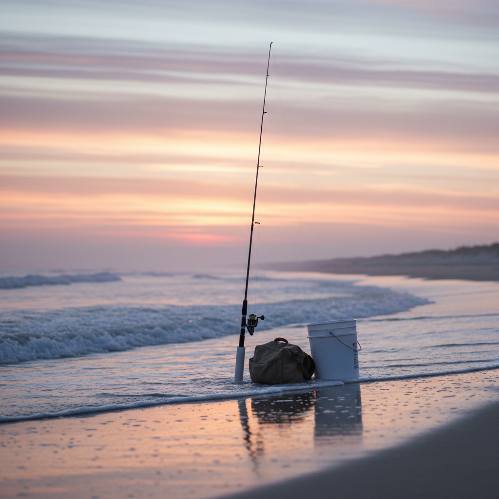 Photorealistic sunrise beach scene at the shoreline; a surf fishing rod in a sand spike, small tackle bag and bucket nearby, gentle waves and soft pastel sky. Peaceful, minimal, uncluttered. No people, no text, no logos. 1:1 square crop, centered subject, soft depth of field.