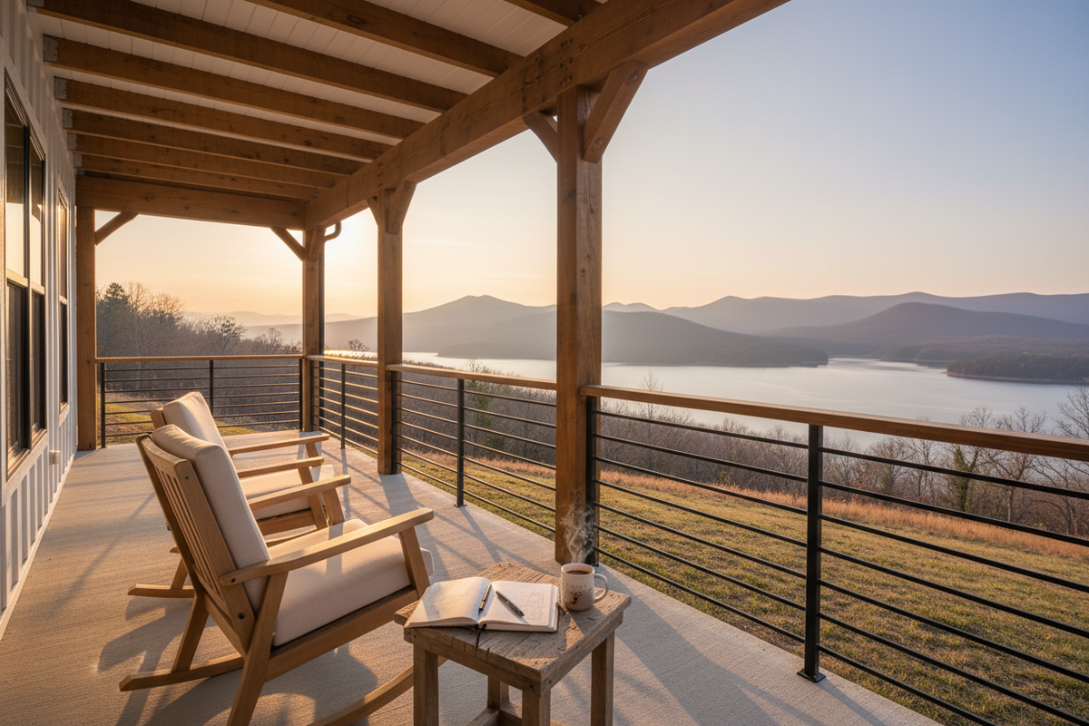 Wide hero image for a website, realistic photography. A modern farmhouse front porch on a hillside in Butler, Tennessee, overlooking Watauga Lake with layered mountains in the background. Two comfortable chairs (modern farmhouse rocking  style) sit on the porch with a small side table holding an open notebook and a coffee mug, suggesting planning and daydreaming.  It’s golden hour with warm soft light, the lake and mountains are clearly visible beyond the railing, calm and peaceful mood, n